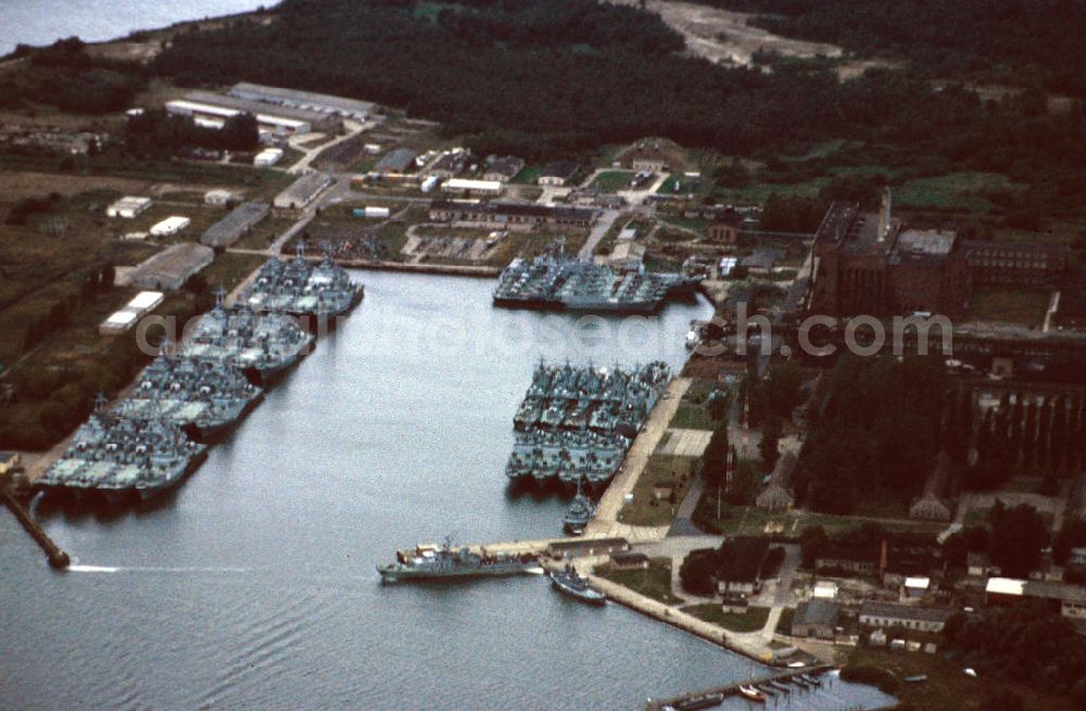 Peenemünde from the bird's eye view: Blick auf den Hafen von Peenemünde. Anstehender Verkauf von Minensuch- und räumschiffen und Küstenschutzbooten der Volksmarine, der ehemaligen NVA Nationalen Volksarmee der DDR. View of the port of Peenemünde. Pending sale of minesweepers and coastal boats of the People's Navy, the former GDR National People's Army of the GDR.