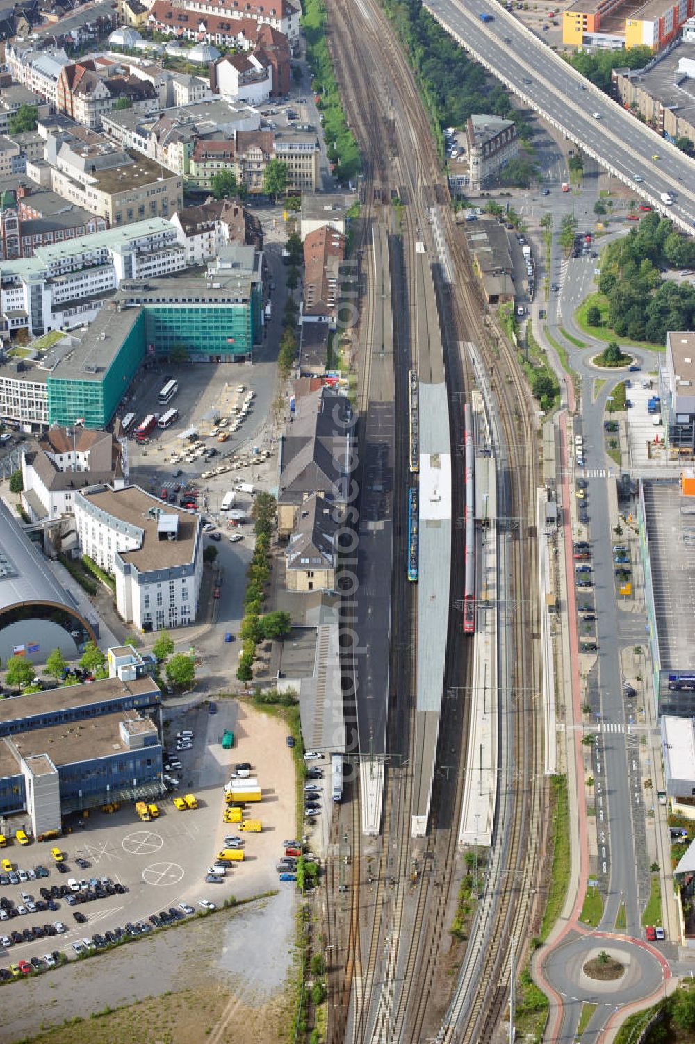 Aerial image Bielefeld - View of the main station Bielefeld, the main railway station in the region of East Westphalia-Lippe. In 2006, the transit station was redeveloped