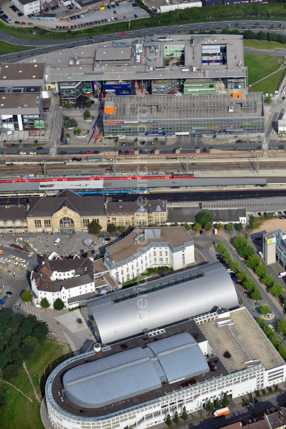 Bielefeld from above - View of the main station Bielefeld, the main railway station in the region of East Westphalia-Lippe, and of the town hall with its extension building