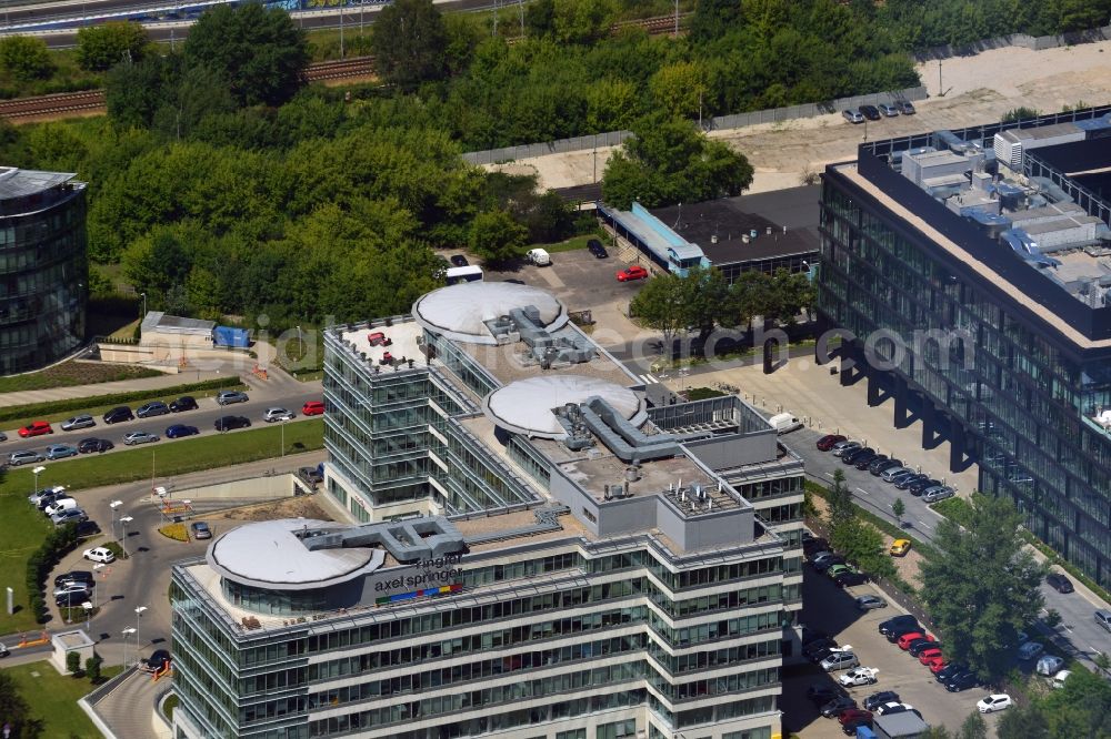 Aerial image Warschau - The headquarters of Ringier Axel Springer Media AG in the Mokotow district of Warsaw in Poland. The joint venture of the German and Swiss publishing houses has been created in 2010 and is located in the rectangular building in the Southwest of the district. The facility is surrounded by other office low rise buildings in the Sluzewiec part of the district