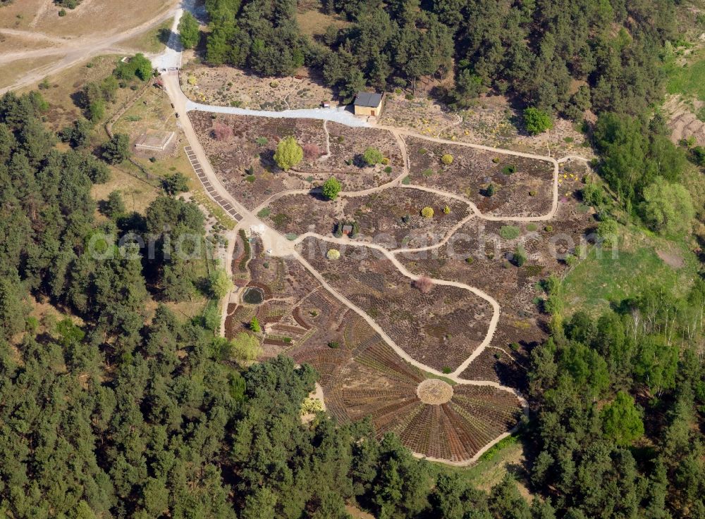 Aerial image Gommern - The moor garden in Gommern in the district of Jerichower Land in the state of Saxony-Anhalt. The garden is a naturally informed park with 40 000 plants of the moor. It includes an area of about 12 600 square meters