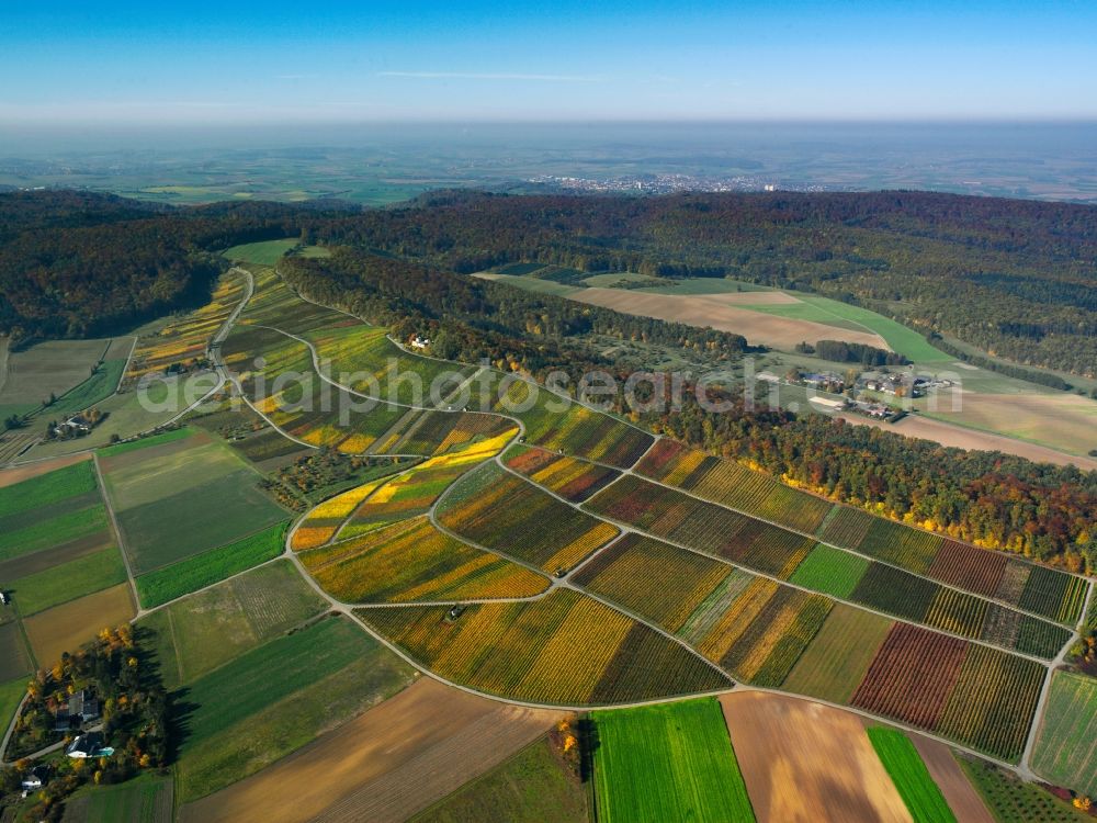 Aerial photograph Heilbronn - The mountain Heuchelberg in the district of Heilbronn at Neipperg in the state of Baden-Württemberg. The hill is a 15km long mountain range with a plateau and flattop. Its South side is used for vinery