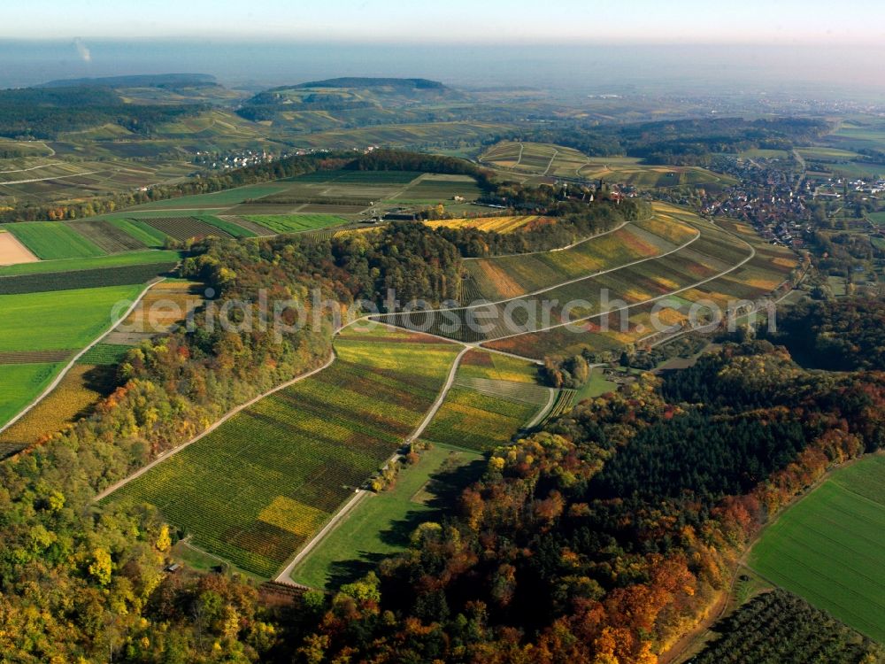 Heilbronn from above - The mountain Heuchelberg in the district of Heilbronn at Neipperg in the state of Baden-Württemberg. The hill is a 15km long mountain range with a plateau and flattop. Its South side is used for vinery