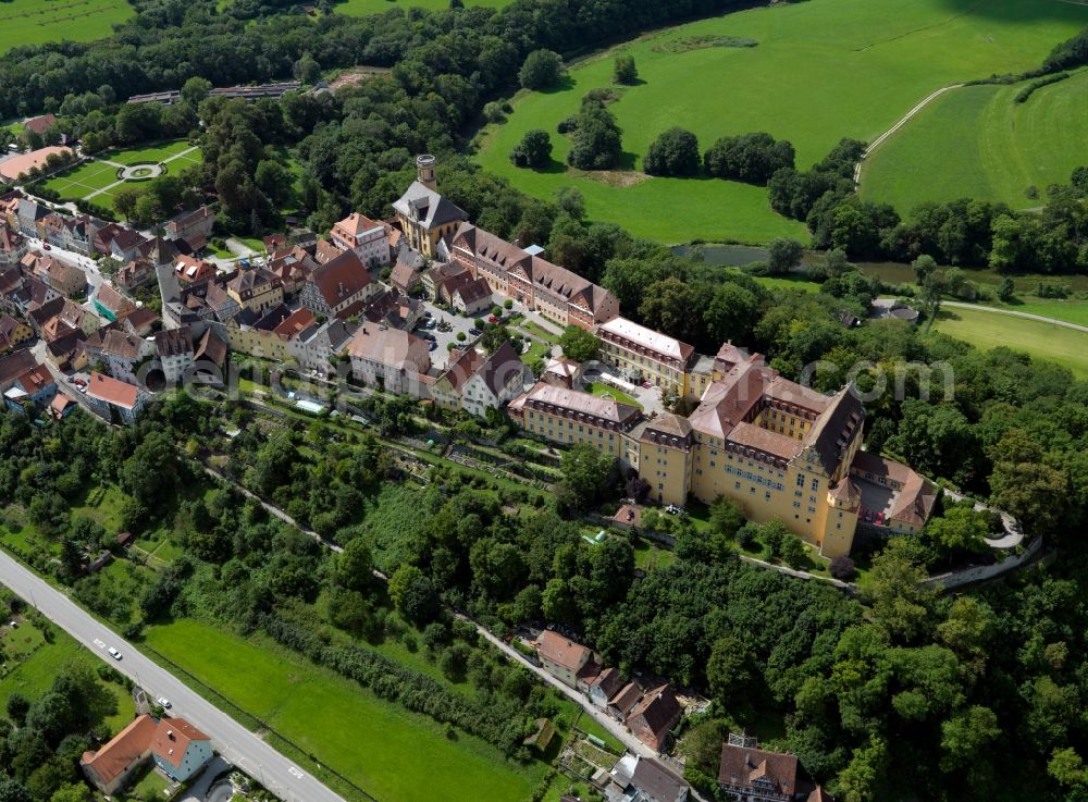 Aerial photograph Kirchberg an der Jagst - The historic city center of Kirchberg on Jagst in the state of Baden-Württemberg. The centre consists of several listed buildings such as the Caslte Kirchberg, the city tower and other historical buildings. It is listed and protected in its entirety and sits on a hill along the river