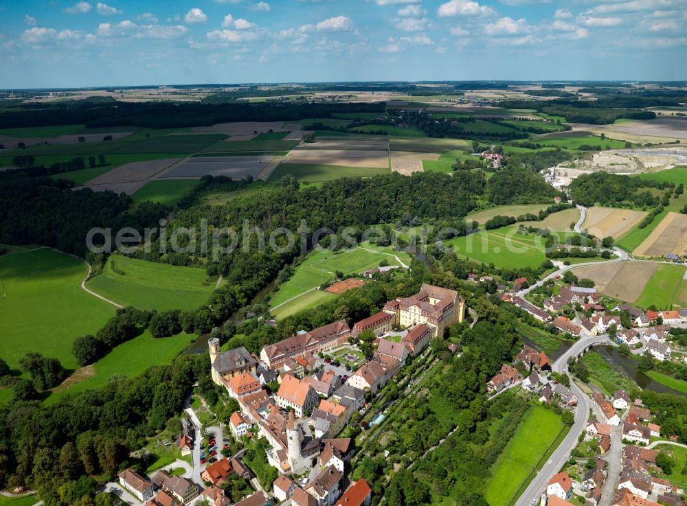 Kirchberg an der Jagst from above - The historic city center of Kirchberg on Jagst in the state of Baden-Württemberg. The centre consists of several listed buildings such as the Caslte Kirchberg, the city tower and other historical buildings. It is listed and protected in its entirety and sits on a hill along the river