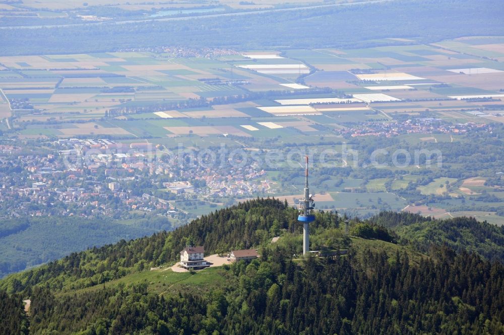 Badenweiler from the bird's eye view: The mountain Hochblauen (also called Blue) with mountain hotel and TV tower at Badenweiler in the state of Baden-Wuerttemberg