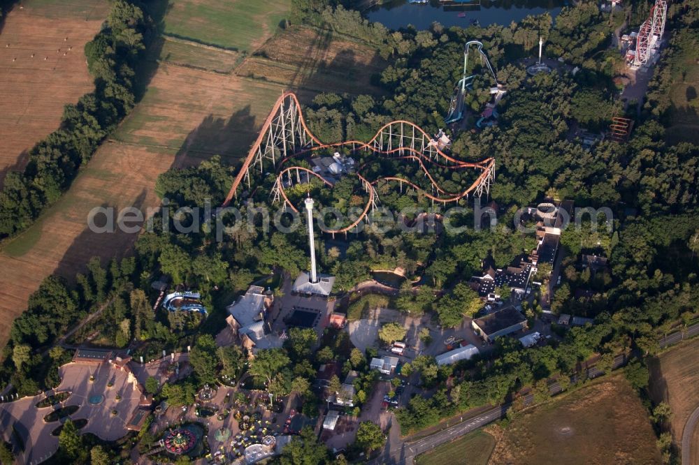 Aerial image Haßloch - The Holiday Park with various rollercoasters in Hassloch in the state of Rhineland-Palatinate
