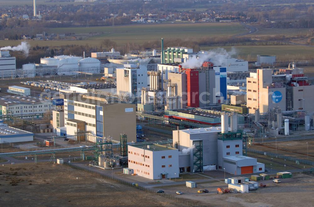 Bitterfeld - Wolfen from the bird's eye view: Der Industriepark Bayer-Bitterfeld an der Salegaster Chaussee in Bitterfeld-Wolfen. Inhaber des Parks ist die Bayer Bitterfeld GmbH. The industrial estate / park Bayer Bitterfeld at the Salegaster Chaussee in Bitterfeld-Wolfen.