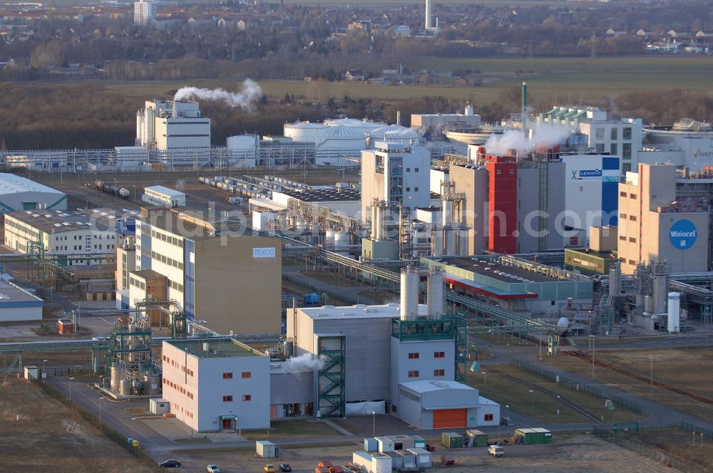 Aerial image Bitterfeld - Wolfen - Der Industriepark Bayer-Bitterfeld an der Salegaster Chaussee in Bitterfeld-Wolfen. Inhaber des Parks ist die Bayer Bitterfeld GmbH. The industrial estate / park Bayer Bitterfeld at the Salegaster Chaussee in Bitterfeld-Wolfen.