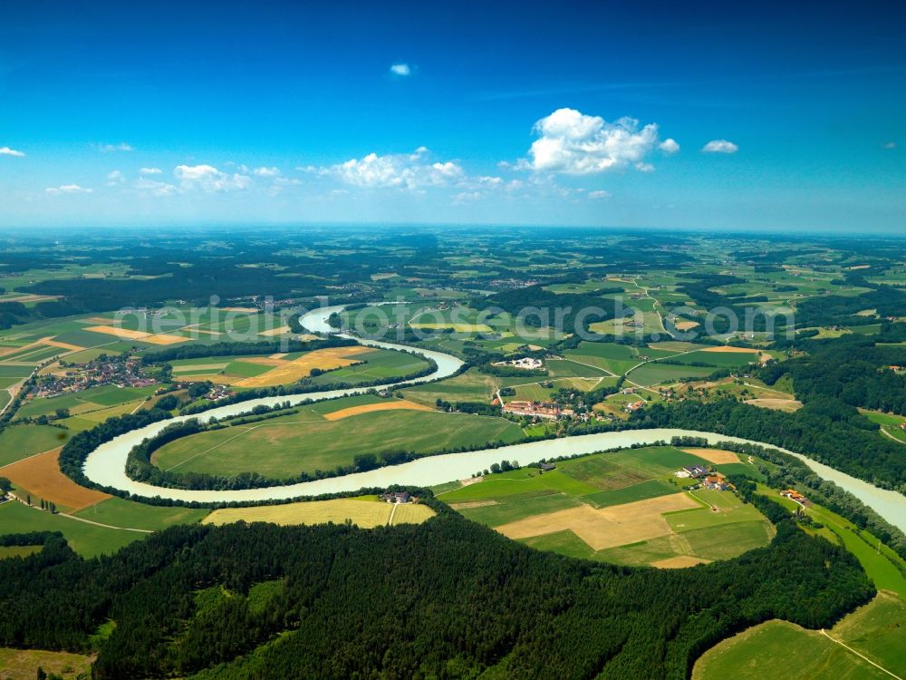 Aerial image Gars am Inn - The river Inn and its stream at the Monastery Au in Gars am Inn in the state of Bavaria. The river runs in a wide bend along fields on a peninsula, where the monastery is located. The overview shos the landscape of the borough of Gars am Inn and the surrounding landscape of the stream