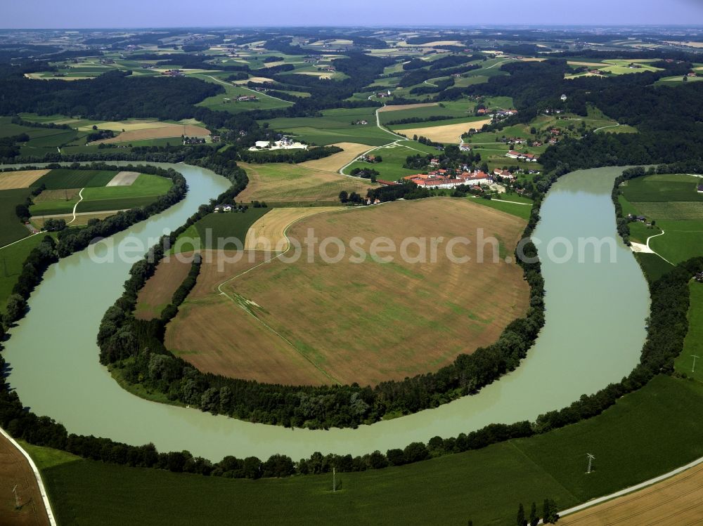 Aerial image Gars am Inn - The river Inn and its stream at the Monastery Au in Gars am Inn in the state of Bavaria. The river runs in a wide bend along fields on a peninsula, where the monastery is located. The overview shos the landscape of the borough of Gars am Inn and the surrounding landscape of the stream