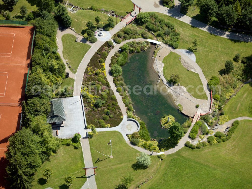 Bonndorf from above - Environment of the japanese garden in Bonndorf. The japanese garden in Bonndorf is unique in the Hochschwarzwald region. It belongs to the castle of Bonndorf