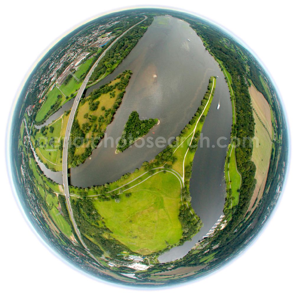 Bochum from above - Fisheye motive of the Kemnader Lake in North Rhine-Westphalia. The artificial dam was made in 1972 and is located between Bochum, Hattingen and Witten