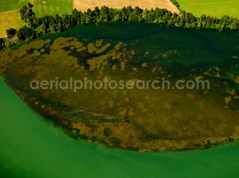 Aerial photograph Hohenfurch - The river Lech in the Upper Bavarian borough of Hohenfurch in the district of Weilheim-Schongau in the state of Bavaria. The river runs through the landscape from North to South towards the Alps and Austria. Because of strong and steep curves and corners there is a variety of nature and landscape structures. The riverbank is in parts quite steep, there are trees and forest along it or it is primarily muddy