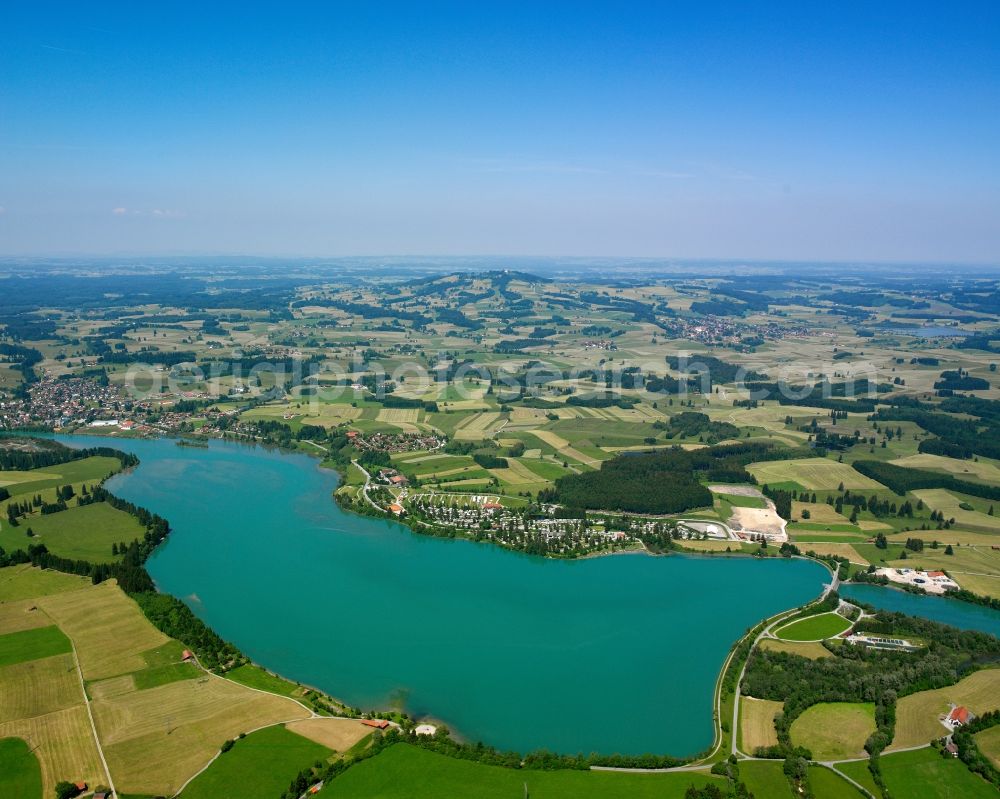 Prem from the bird's eye view: The lake Lechsee in Prem in the state of Bavaria. The lake was created through the barrage Prem. The barrage is almost 3 km long and dams the river. It is used for energy creation through a water power plant and is a recreational site