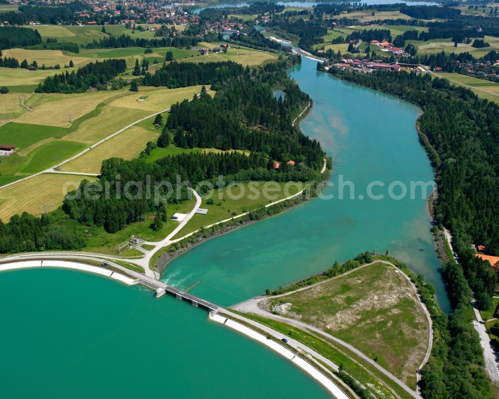 Aerial image Prem - The lake Lechsee in Prem in the state of Bavaria. The lake was created through the barrage Prem. The barrage is almost 3 km long and dams the river. It is used for energy creation through a water power plant and is a recreational site