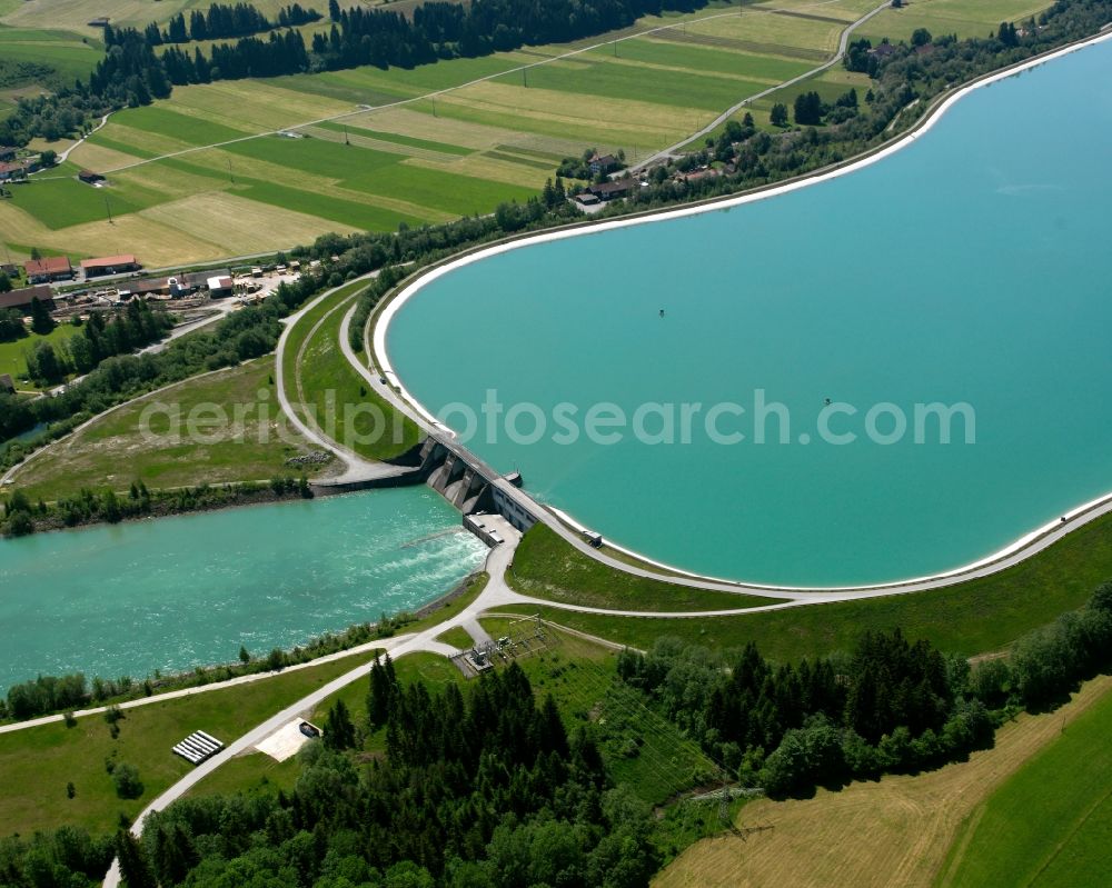 Aerial photograph Prem - The lake Lechsee in Prem in the state of Bavaria. The lake was created through the barrage Prem. The barrage is almost 3 km long and dams the river. It is used for energy creation through a water power plant and is a recreational site