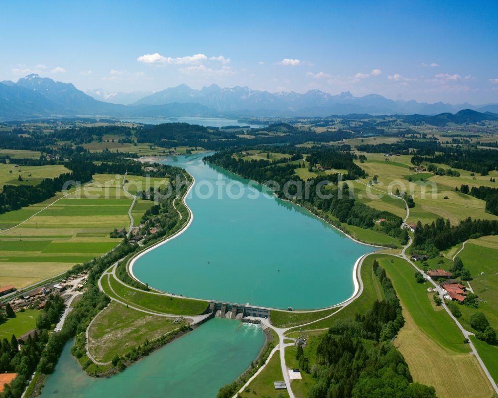 Prem from above - The lake Lechsee in Prem in the state of Bavaria. The lake was created through the barrage Prem. The barrage is almost 3 km long and dams the river. It is used for energy creation through a water power plant and is a recreational site