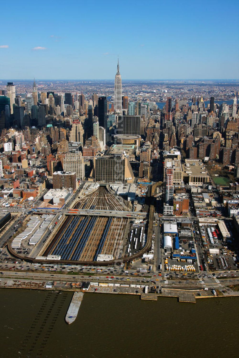 New York from above - View of the LIRR West Side yard for trains. The plant is operated by the Metropolitan Transportation Authority. The court opened in 1987 and is also used as a siding