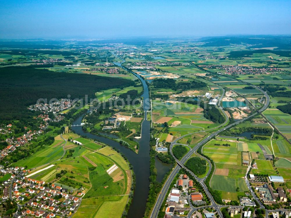 Aerial image Forchheim - The Main-Danube-Channel in Forchheim in the state of Bavaria. Forchheim is a large district town in Upper Franconia located on the channel. It is part of the economy region of Bamberg-Forchheim. The channel is also called Rhine-Main-Danube-Channel because of its significance as a water road for seagoing vessels