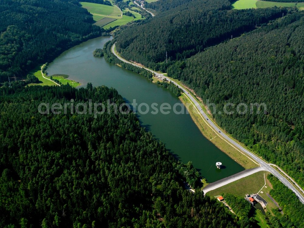 Mossautal from above - The Marbach barrier lake in the Hüttenthal part of the district of Mossautal in the state of Hesse. The lake is a barrier lake in the Oden Forest. Originally built for flooding protection, it officially is also a recreational area