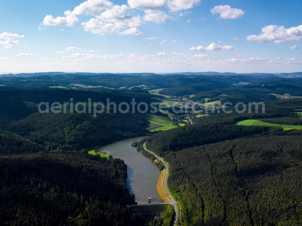 Mossautal from the bird's eye view: The Marbach barrier lake in the Hüttenthal part of the district of Mossautal in the state of Hesse. The lake is a barrier lake in the Oden Forest. Originally built for flooding protection, it officially is also a recreational area