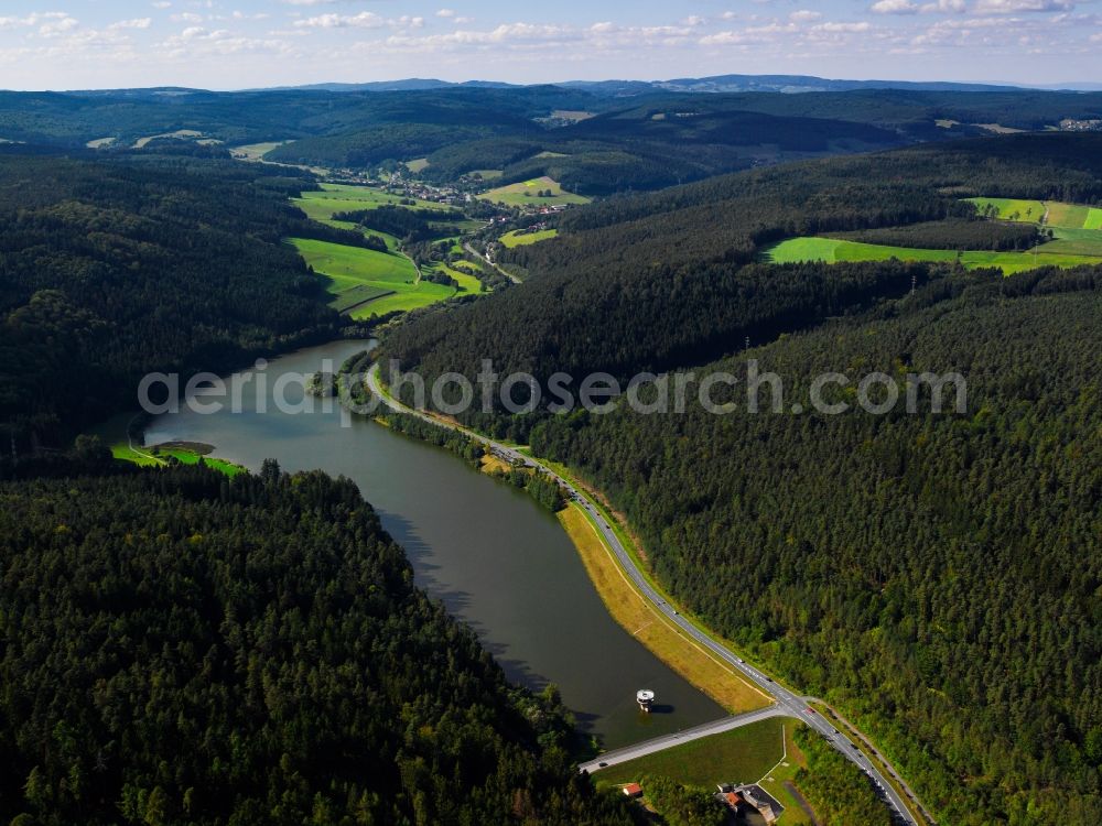 Aerial image Mossautal - The Marbach barrier lake in the Hüttenthal part of the district of Mossautal in the state of Hesse. The lake is a barrier lake in the Oden Forest. Originally built for flooding protection, it officially is also a recreational area