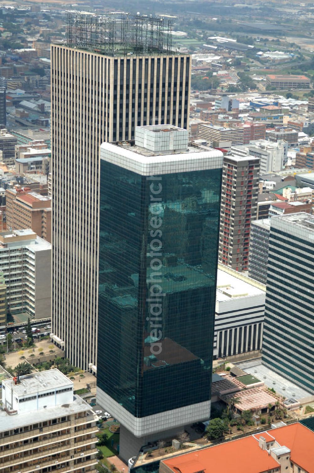 JOHANNESBURG from above - The Marble Tower is a skyscraper in the central business district of Johannesburg and is used as an office building. The building in front is the former KwaDukuza eGoli Hotel. The building is currently not in use