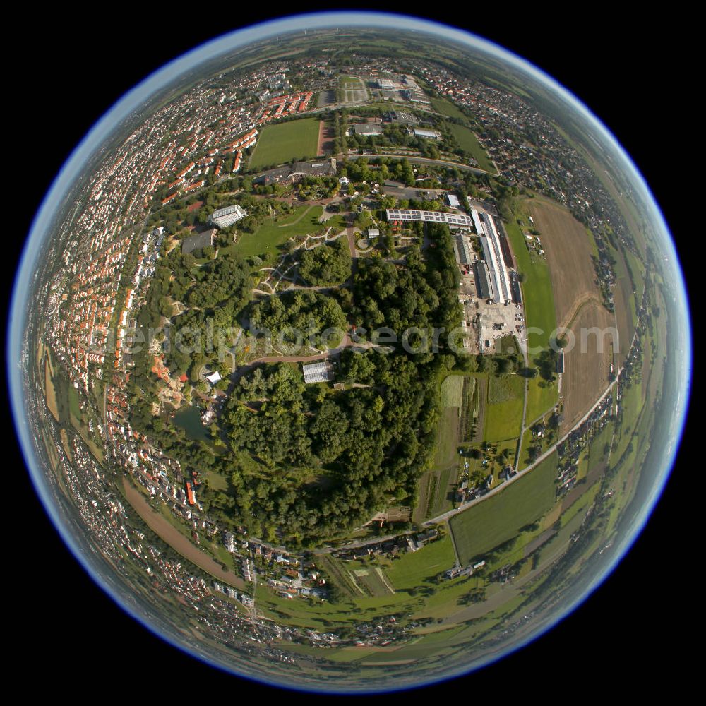 Hamm from the bird's eye view: Fisheye view of the Maximilian Park in hamm in North Rhine-Westphalia. The park is a recreational area and a venue, that was built in 1984 on the territory of the former pit