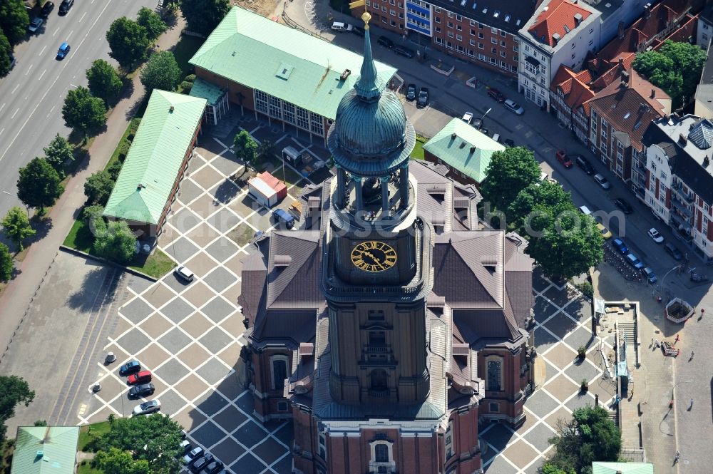 Hamburg from the bird's eye view: The Protestant main church of St. Michaelis, called Michel , is the most famous church in Hamburg and a landmark of the Hanseatic city