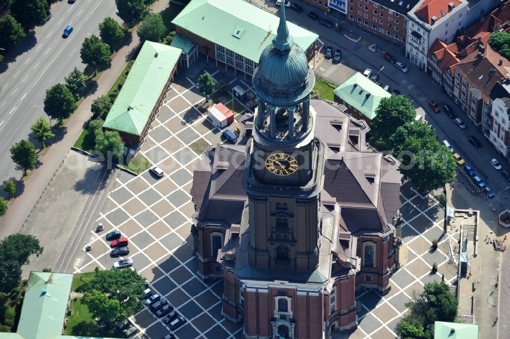 Aerial image Hamburg - The Protestant main church of St. Michaelis, called Michel , is the most famous church in Hamburg and a landmark of the Hanseatic city