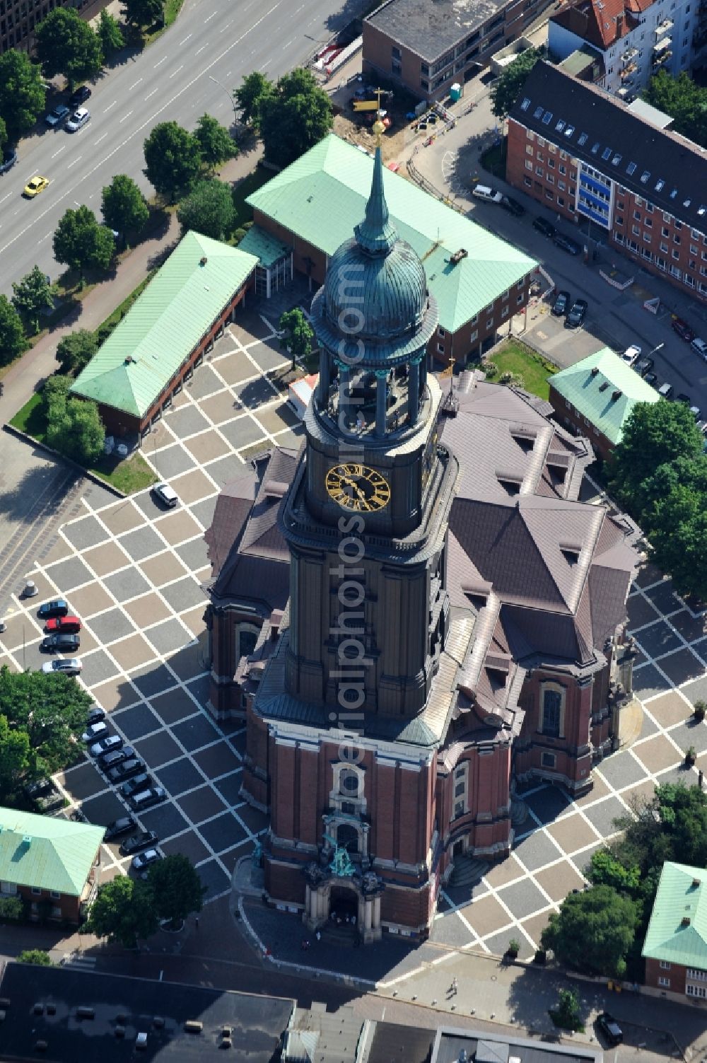 Hamburg from above - The Protestant main church of St. Michaelis, called Michel , is the most famous church in Hamburg and a landmark of the Hanseatic city