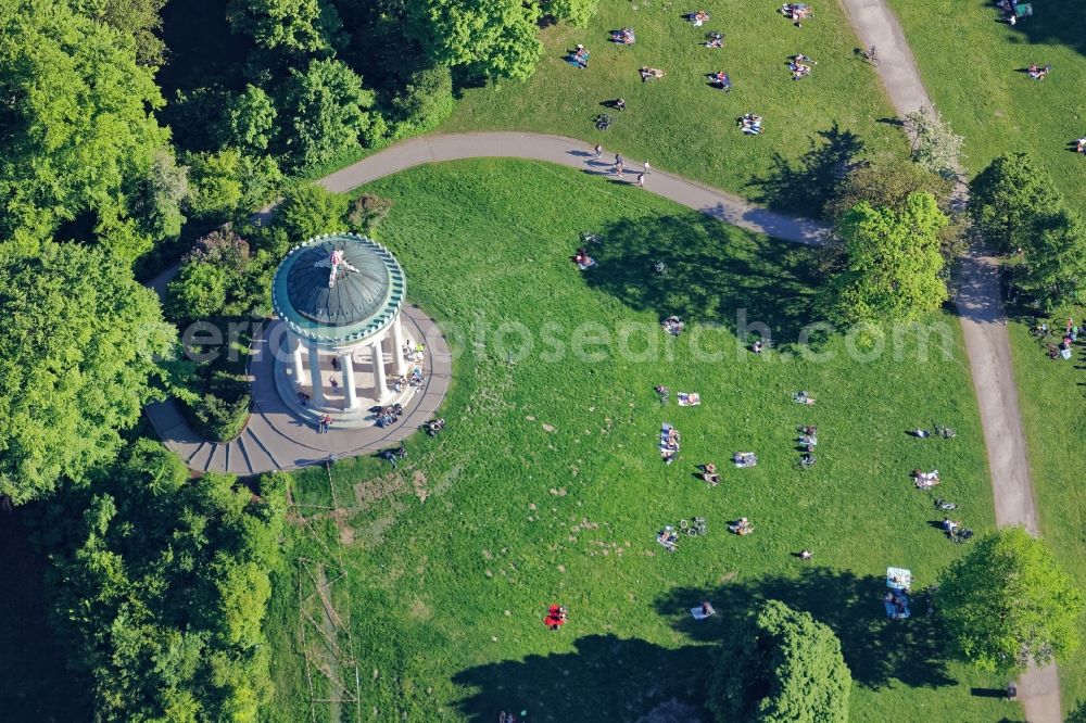 Aerial photograph München - The Monopteros round temple in the English garden in Munich in the state Bavaria after the comprehensive renovation 2016