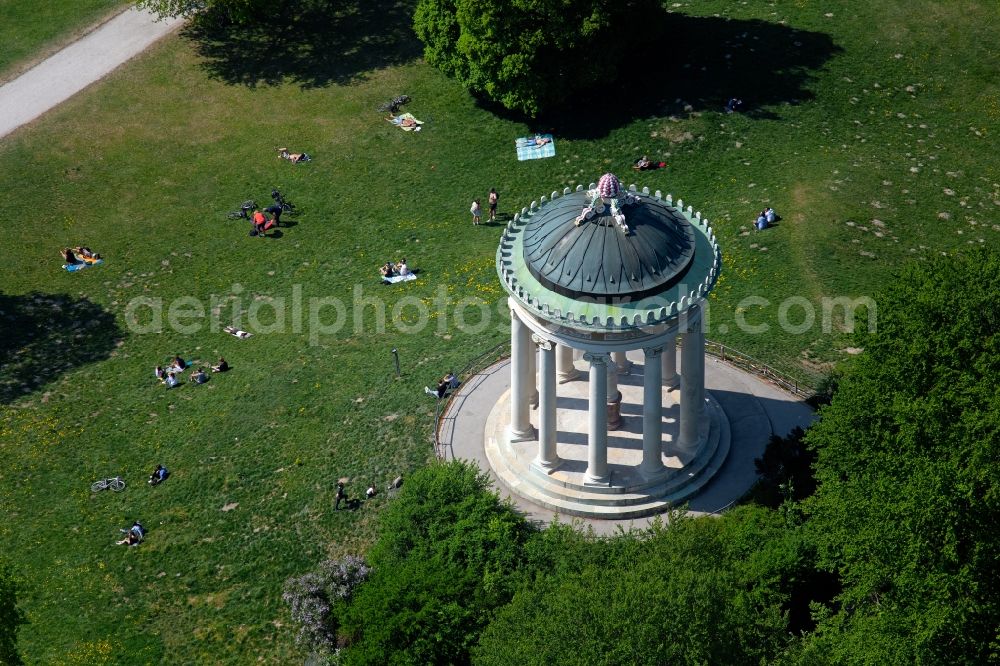 München from above - The Monopteros round temple in the English garden in Munich in the state Bavaria after the comprehensive renovation 2016