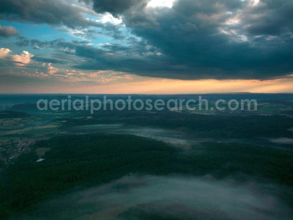 Aerial image Odenwaldkreis - View above the oden forest with fog in the valleys. The forest ranges over three federal states