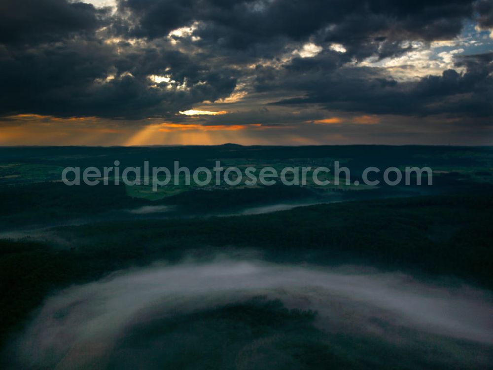 Aerial photograph Odenwaldkreis - View above the oden forest with fog in the valleys. The forest ranges over three federal states