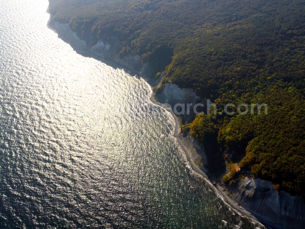 Sassnitz from the bird's eye view: The National Park is situated on the peninsula Jasmund Jasmund in the northeast of the island of Rügen in Mecklenburg-Western Pomerania and has existed since the 12th September 1990. It is 3003 hectares and is Germany's smallest national park. Since 25 June 2011 is a part of Buchenwald in the park on UNESCO's world heritage. The area of the National Park Jasmund includes, but is also the chalk cliff coast