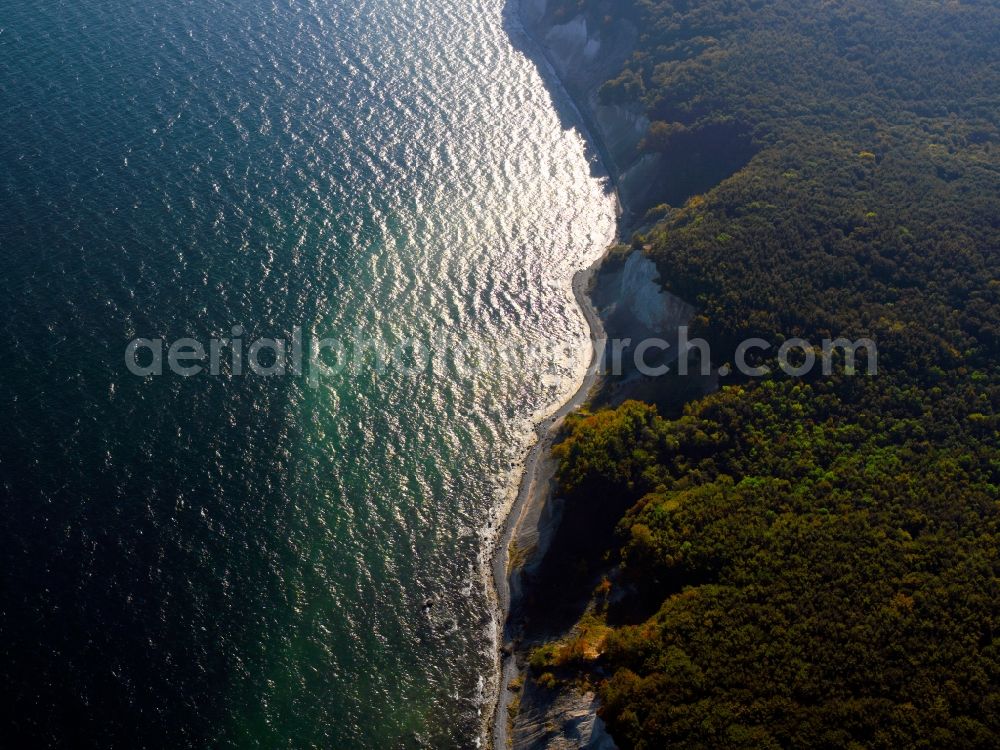 Sassnitz from above - The National Park is situated on the peninsula Jasmund Jasmund in the northeast of the island of Rügen in Mecklenburg-Western Pomerania and has existed since the 12th September 1990. It is 3003 hectares and is Germany's smallest national park. Since 25 June 2011 is a part of Buchenwald in the park on UNESCO's world heritage. The area of the National Park Jasmund includes, but is also the chalk cliff coast