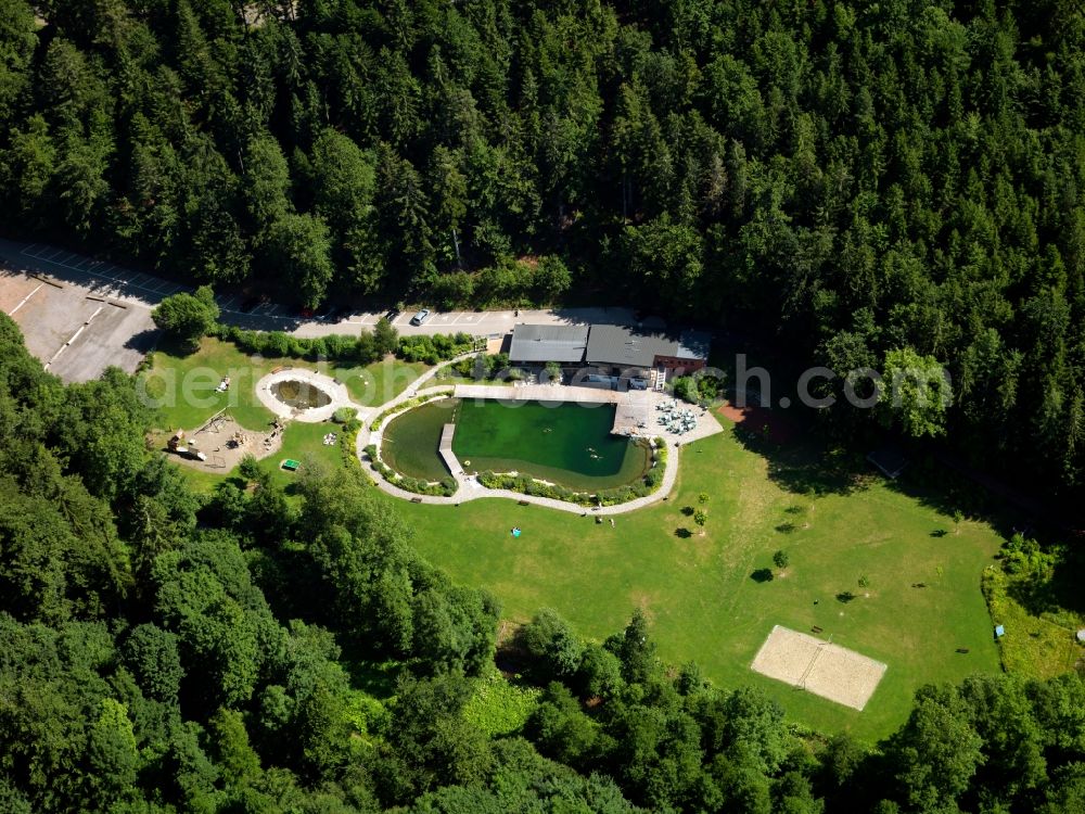 Aerial image Ühlingen-Birkendorf - The Naturena swimming lake in the borough of Ühlingen-Birkendorf in the state of Baden-Württemberg. The lake was opened in 2002 and is located amidst the Black Forest. The natural lake is run ecologically