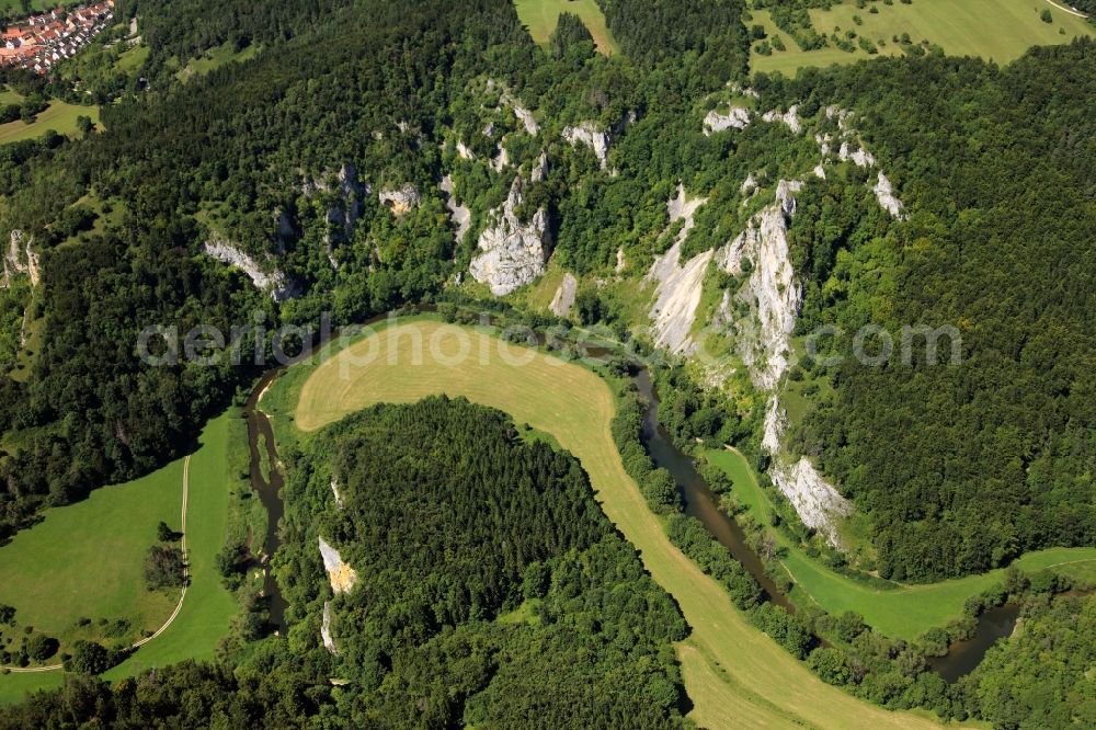 Tuttlingen from the bird's eye view: The nature reserve Upper Danube in the county district of Tuttlingen in the state of Baden-Württemberg. The river Danube runs through a valley, enclosed by rocks and greens. This valley is called Danube Valley. The nature park was founded in 1980 and is one of 7 nature parks of the state