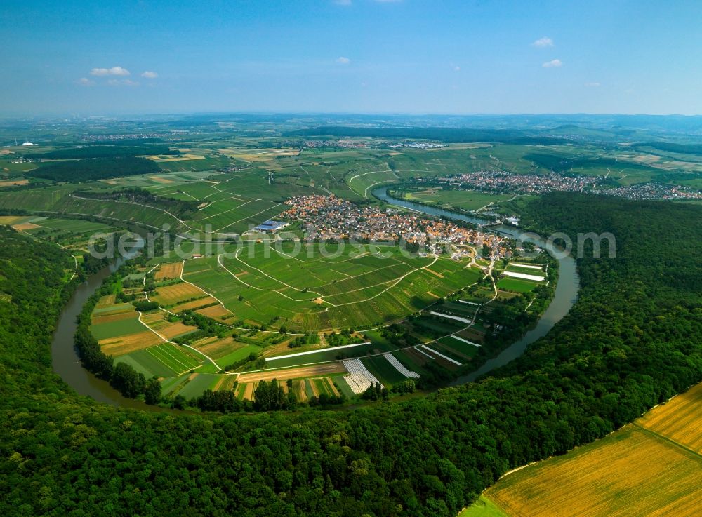 Hessigheim from above - The run of the river Neckar at Mundelsheim in the county district of Ludwigsburg in the state of Baden-Württemberg. The river takes a horseshoe bend between vineyards