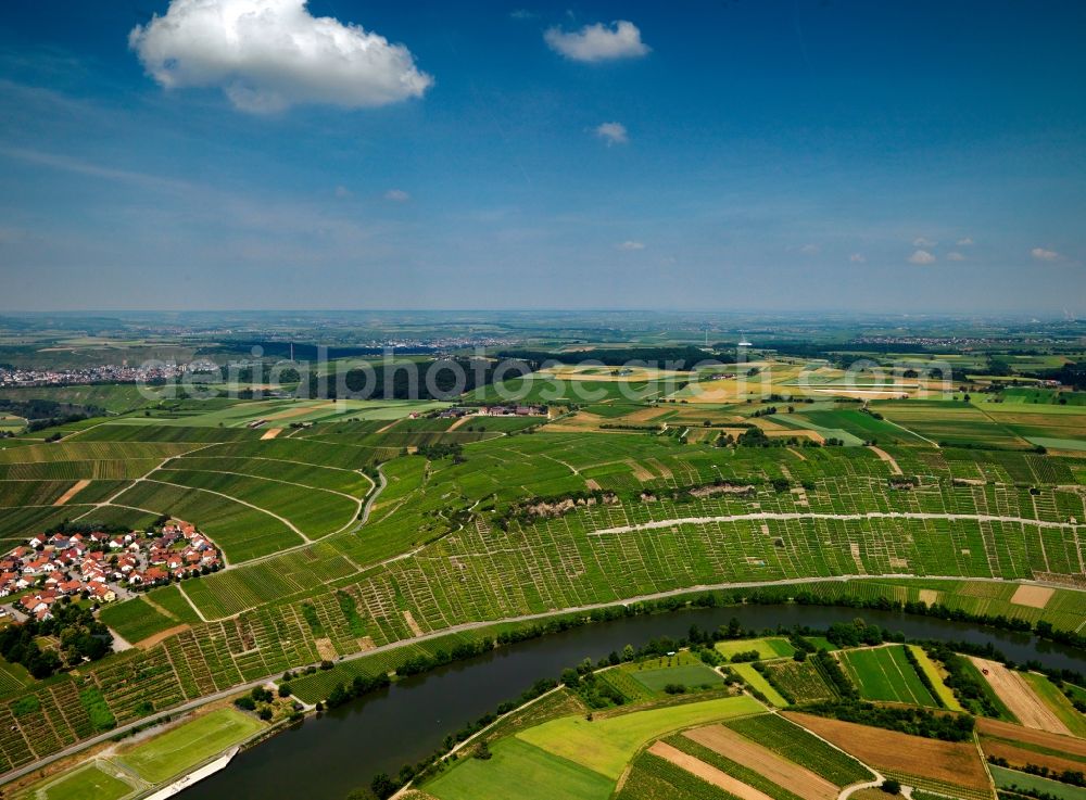 Aerial image Mundelsheim - The run of the river Neckar at Mundelsheim in the county district of Ludwigsburg in the state of Baden-Württemberg. The river takes a horseshoe bend between vineyards. Its run from South to North and South again encloses the forest of Neckarhalde and some fields