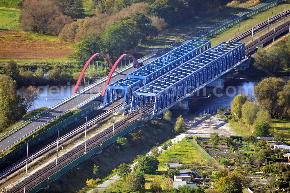 Rathenow from above - View of the new construction of the street and railroad overpass Havel Bridge Rathenow