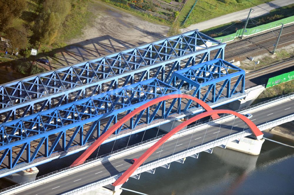 Aerial image Rathenow - View of the new construction of the street and railroad overpass Havel Bridge Rathenow