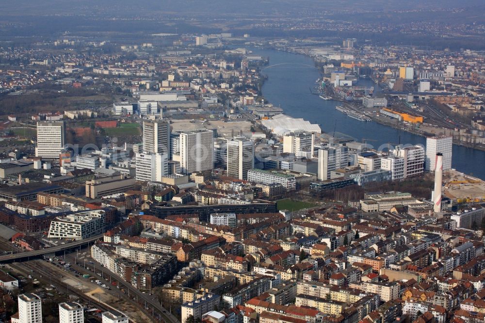 Aerial photograph Basel - Industrial and commercial area in Basel, Switzerland. Novartis Campus situates at the Rhine river with production- and office buildings by famous architects