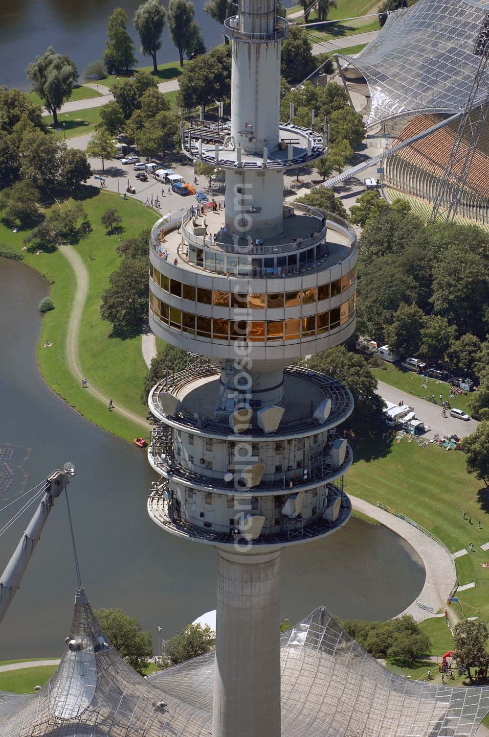 Aerial image München - Der Olympiaturm ist ein Fernsehturm in München und eines der Wahrzeichen des Olympiaparks. Mit Antenne ist er 291,28 m hoch. Munich 2007/07/15 The Olympiatower is a television tower in Münich and one of the Olympiapark's landmark. Including the antenna, it is 291,28 meters high.