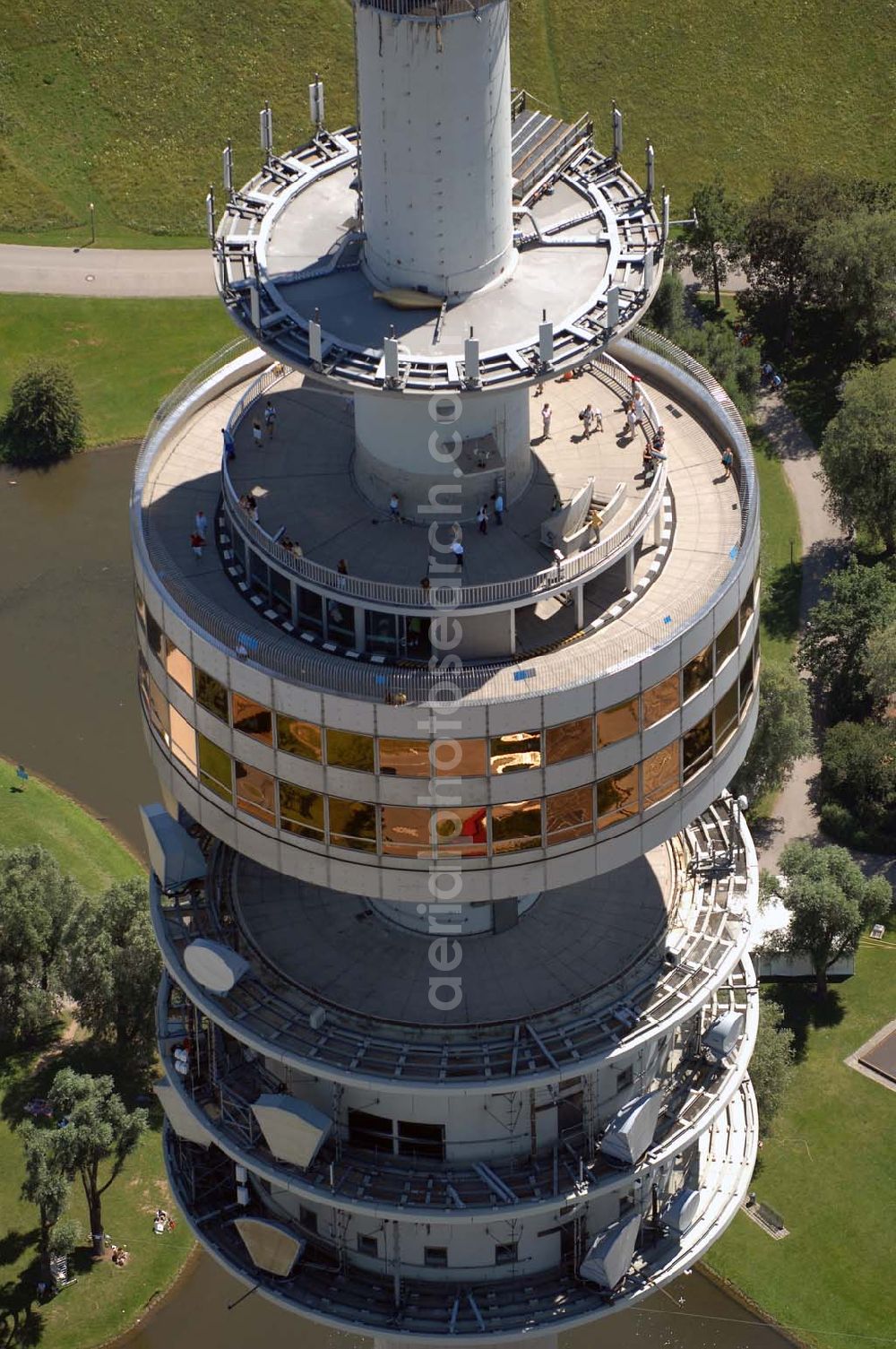 Aerial image München - Der Olympiaturm ist ein Fernsehturm in München und eines der Wahrzeichen des Olympiaparks. Mit Antenne ist er 291,28 m hoch. Munich 2007/07/15 The Olympiatower is a television tower in Münich and one of the Olympiapark's landmark. Including the antenna, it is 291,28 meters high.