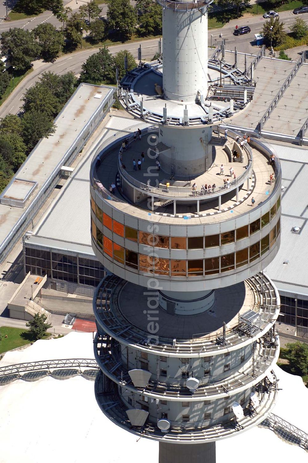 Aerial photograph München - Der Olympiaturm ist ein Fernsehturm in München und eines der Wahrzeichen des Olympiaparks. Mit Antenne ist er 291,28 m hoch. Munich 2007/07/15 The Olympiatower is a television tower in Münich and one of the Olympiapark's landmark. Including the antenna, it is 291,28 meters high.