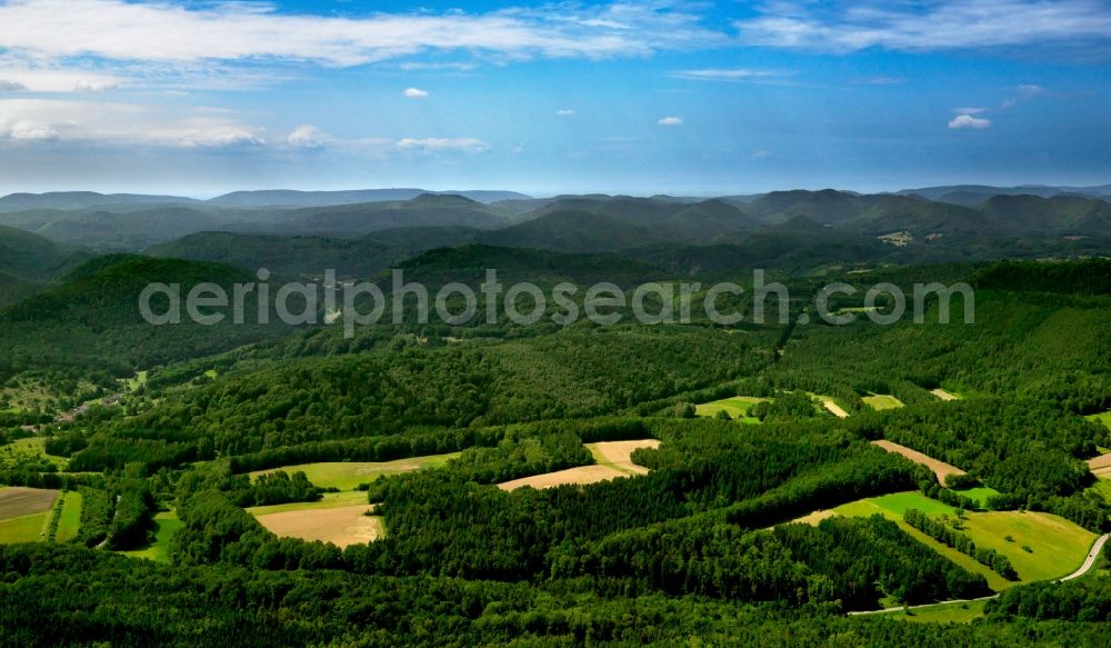 Schindhard from the bird's eye view: The Palatinate Forest in the county district of Schindhard in the state of Rhineland-Palatinate. It is the largest forest in Germany and one of the largest in Europe. Originally used for energy and wood, it is today marked as a recreational area as well as and important ecological area in Germany and designated a nature park