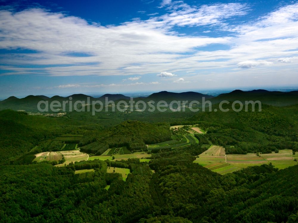 Aerial image Schindhard - The Palatinate Forest in the county district of Schindhard in the state of Rhineland-Palatinate. It is the largest forest in Germany and one of the largest in Europe. Originally used for energy and wood, it is today marked as a recreational area as well as and important ecological area in Germany and designated a nature park